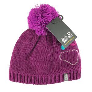 Jack Wolfskin Girls Paw Knit Beanie Cap Hat Pom Paw Print Fleece Lined Purple S